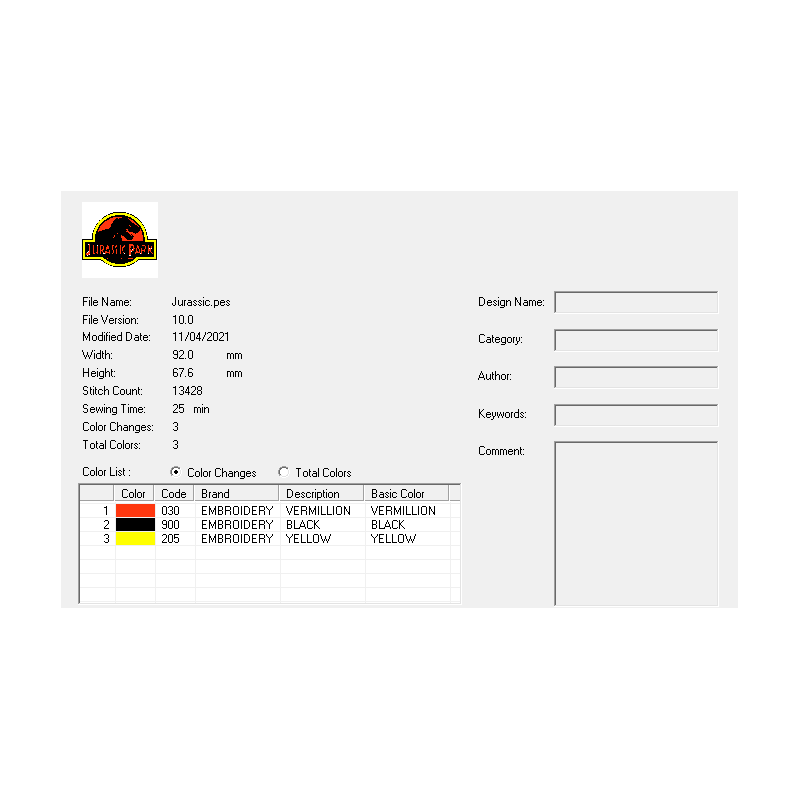 Motif broderie machine Jurassic Park